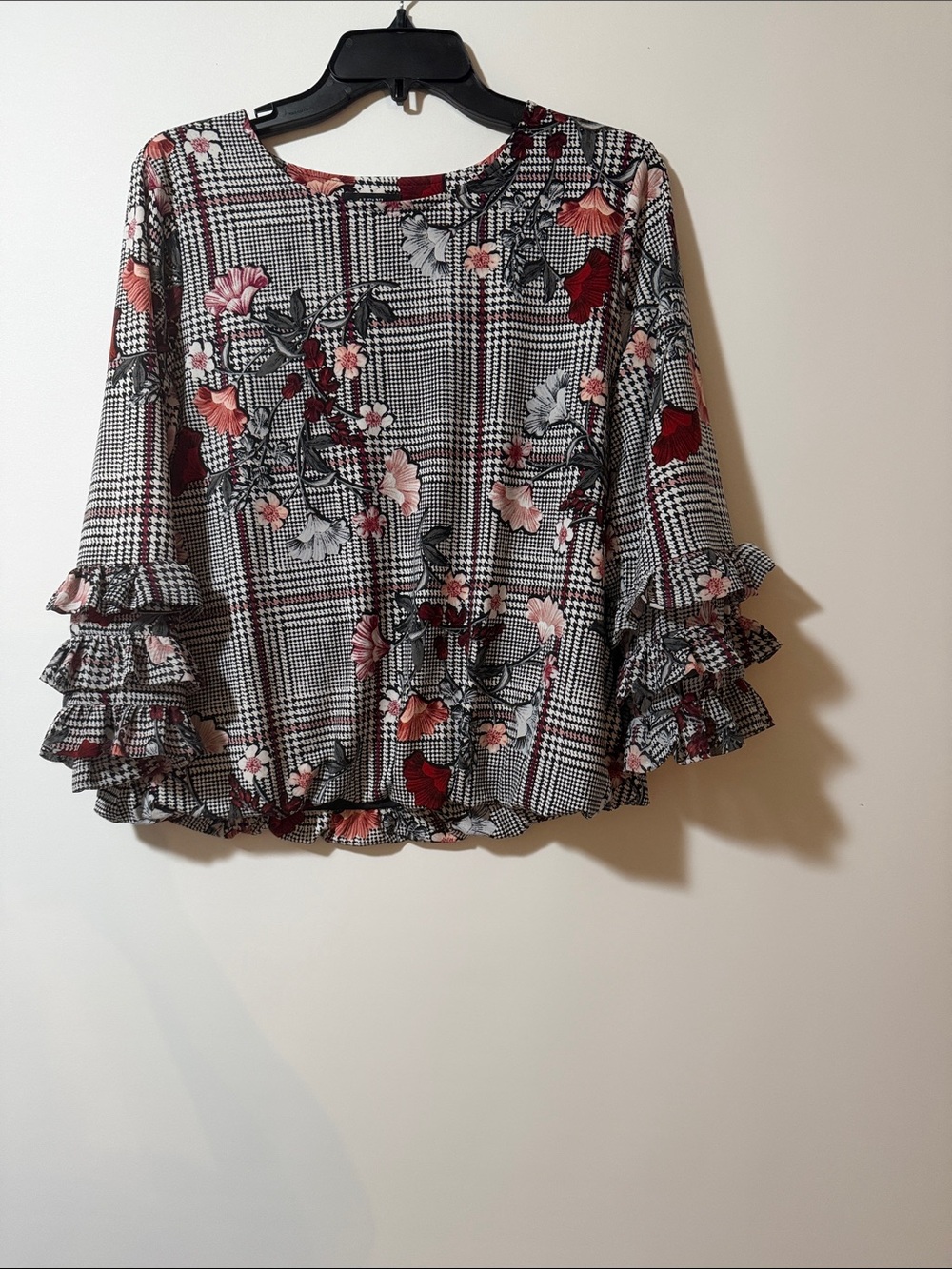 Alfani Black-and-White Plaid Floral Ruffle Sleeve Blouse